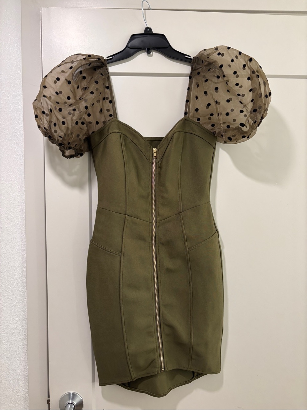 Olive Green Puff-Sleeve Bodycon Dress with Polka Dot Organza Sleeves